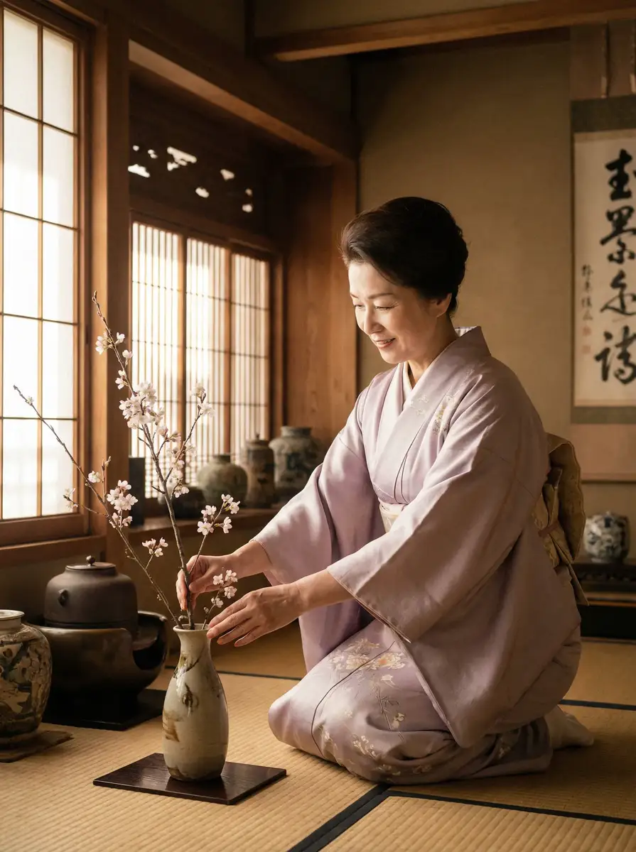一位优雅的 射雕淫雄传 在和室中插花